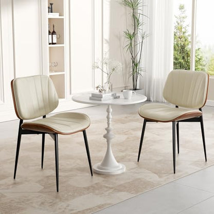 Dining Chairs Set of 6, Mid Century Modern Dining Room Chair, Upholstered Faux Leather Kitchen Chairs with Walnut Bentwood Back and Metal Legs for Kitchen Dining Room Living Room, Beige - color: Beige, size: Set of 6