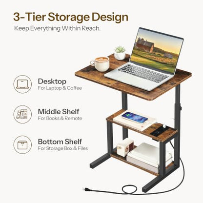HOOBRO C-Shaped End Table, Adjustable Height Side Table with Power Strip | Couch Table with 20.5"L x 15"W Spacious Desktop, TV Tray Table with Storage Shelves for Living Room, Sofa Chair, Rustic Brown - color: Rustic Brown + Black