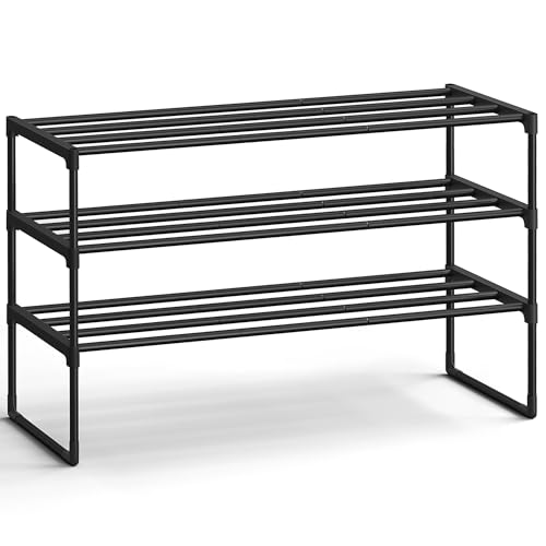 SONGMICS Shoe Rack, 3-Tier Shoe Organizer, Metal Storage Shelf | for Entryway, Upright or Upside Down, for 16-20 Pairs, Stackable, 11.8 x 36.2 x 21.7 Inches, Black ULSA303B02 - color: Black, size: 3 Tiers (36.2"W)
