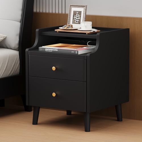 Nightstand with Drawers, 15.7" Solid Wood Side Table for Bedroom, Modern Bedside Table with Pull-Out Tray & Cable Management, Black - color: Black, size: 16"