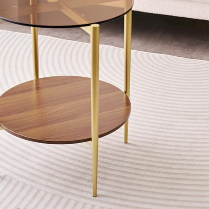 LumFurn D18in Round Glass End Table, Mid-Century Modern Design Side Table for Living Room, D18xH23inch, Amber Glass and Walnut MDF Wood, Conical Legs with Gold Finish Frame - color: D18" Amber & Walnut