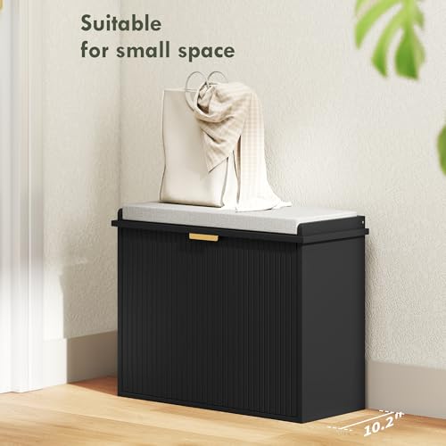 HOMCOM Narrow Shoe Bench with Padded Cushion 24.4x10.2x18.7 Inches Black | Shoe Storage Cabinet, Flip-Drawer, Adjustable Shelf, Small Entryway Bench, Holds up to 265lb - color: Black, size: 24.4" x 10.2" x 18.7"