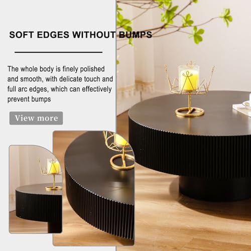 Round Fluted Drum Coffee Table with Pedestal Base | 30.9'' Modern Black Wooden Drum Center Table, Handcrafted Wood Fluted Edge, For Living Room & Apartment - color: Black Thick
