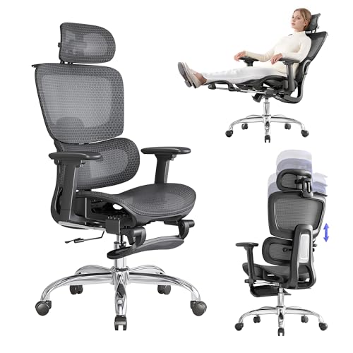 Office Chair with Footrest, Ergonomic Chair with 3D Headrest, Computer Chair with Adjustable Backrest & 3D Armrest, Gaming Chair with Adaptive Lumbar Support, Mesh Backrest & Cushion, Black - color: Black, style: Lite