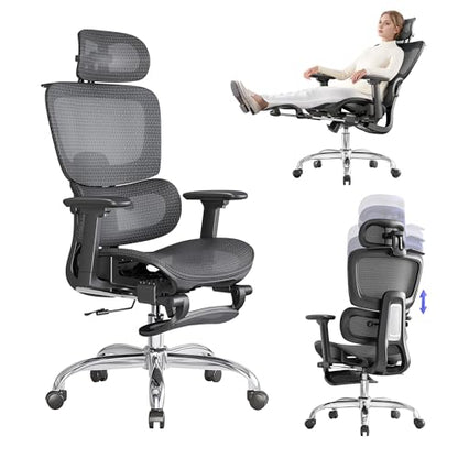 Office Chair with Footrest, Ergonomic Chair with 3D Headrest, Computer Chair with Adjustable Backrest & 3D Armrest, Gaming Chair with Adaptive Lumbar Support, Mesh Backrest & Cushion, Black - color: Black, style: Lite