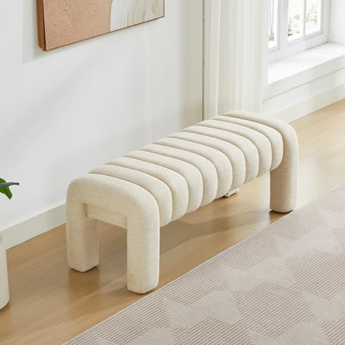 43.3" Bedroom Bench, Upholstered Entryway Bench, Modern End of Bed Ottoman with Solid Wood Legs and Adjustable Foot Pegs for Entryway, Dining Room and Living Room (Beige Linen) - color: Beige Linen, size: 43.3"