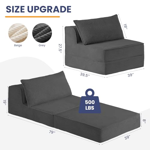 Convertible Sofa Bed, Fold Out Chair with Pillow, Versatile Floor Couch with Back Support, Portable Chair Bed Comfy Floor Lounge Sofa for Living Room Bedroom Guest Room, Grey - color: Grey, size: Single