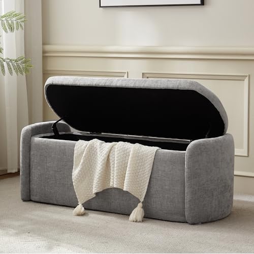 VKNOW 46" Oval Storage Ottoman Bench, Upholstered End of Bed Bench Ottomans Bench Foot Rest, Sherpa Storage Bench for Bedroom, Living Room and Hallway, Light Grey - color: Light Grey, size: 46.1"