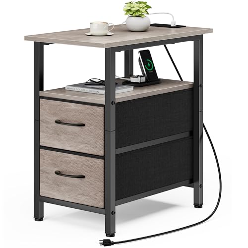 End Table with Charging Station, Narrow Side Table, 23.8'' Tall Nightstand with 2 Fabric Drawers, Small Sofa Side Table Narrow Nightstand for Small Spaces, Living Room, Bedroom, Rustic Grey - color: Greige, size: 1, style: Ordinary