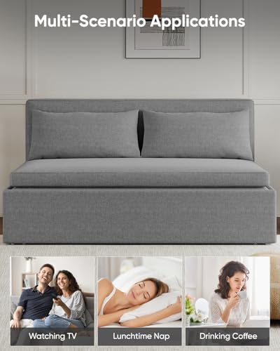 64.2" Queen Size Pull Out Sofa Bed，3-in-1 Linen Convertible Sleeper Sofa Bed,Loveseat Pullout Bed with Pillows and Tri-fold Mattress for Small Space/Bedroom,Light Grey - color: Light Grey, size: Queen