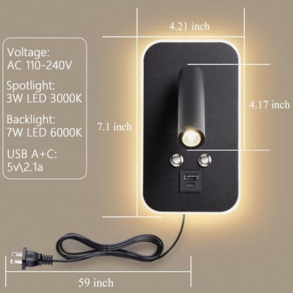 Wall-Mounted LED Bedside Reading Light Plug-in, with USB Charging Port, Stepless Touch Dimming, 3000K Warm Ambient Lighting Wall Lamp Sconce for Bedroom, Eye-Caring Bedroom Lighting (Black) - color: Black (with plug)