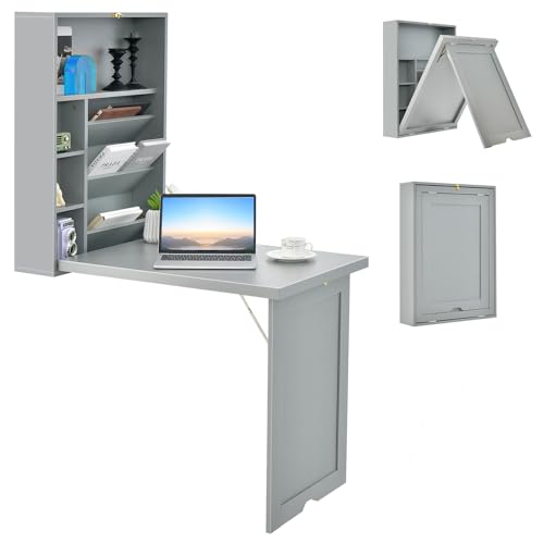 Wall Mounted Desk, Wood Collapsible Floating Desk, Convertible Computer Desk with Storage Area, Hanging Fold Out Table for Home Office, Small Spaces (Grey) - color: Grey