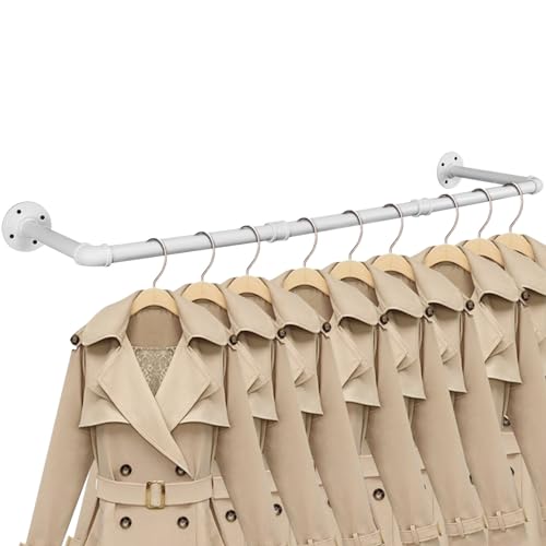 Industrial Iron Pipe Clothes Hanging Bar DIY Wall-Mounted Garment Rack Heavy Duty Clothing Rack for Bedroom, Laundry Room, Closet Storage (White 40 inch) - color: White, size: 40 Inch