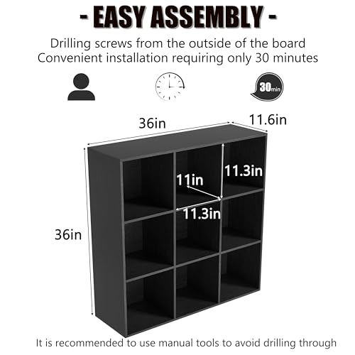 Wooden 9 Cube Storage Organizer with Closed Back Panel,Black Cube Shelf Cubby Storage Organizers with Compartments for Living,Bookshelf,Organizers Easy to Install (Black, 9 Cube) - color: Black, size: 9 Cube-11in