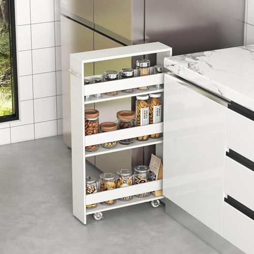 MAT EXPERT Slim Rolling Storage Cart, 4-Tier Freestanding Slim Storage Cart with Wheels 360 Degree & Metal Handle, Wooden Utility Cart for Narrow Kitchen, Laundry Room, Bathroom (Plain White) - color: Plain White
