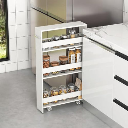 MAT EXPERT Slim Rolling Storage Cart, 4-Tier Freestanding Slim Storage Cart with Wheels 360 Degree & Metal Handle, Wooden Utility Cart for Narrow Kitchen, Laundry Room, Bathroom (Plain White) - color: Plain White