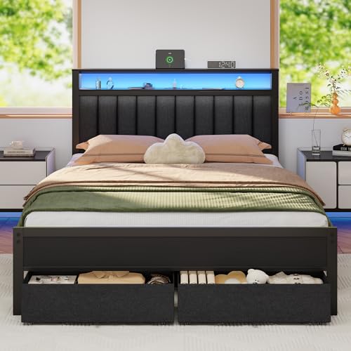 Queen Bed Frame with Storage Drawers and Upholstered Headboard | Metal Platform Bed with Charging Station, LED Lights, 2 Tier Shelves, Fabric Drawers. No Box Spring Needed, Noise Free, Grey - size: Queen