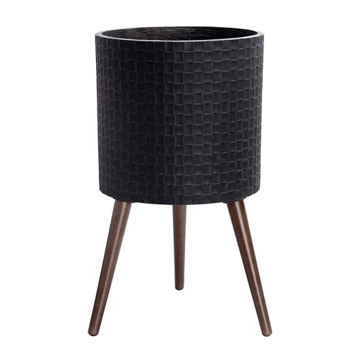 D'vine Dev Planter Pot with Wood Stand, 14 in, Distressed Black, 88-Z-D-5 | Mid-Century Modern Style, Elevated Plant Display, Drainage Hole and Plug, Functional & Stylish, Modern Indoor Planter - color: Distressed Black, size: X-Large