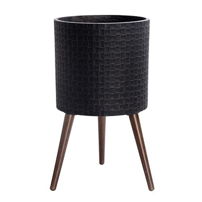 D'vine Dev Planter Pot with Wood Stand, 14 in, Distressed Black, 88-Z-D-5 | Mid-Century Modern Style, Elevated Plant Display, Drainage Hole and Plug, Functional & Stylish, Modern Indoor Planter - color: Distressed Black, size: X-Large