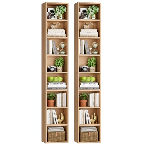 FOTOSOK 2 Pcs 71'' Tall Narrow Bookshelf, 8-Tier Media Tower Rack Set of 2 | CD DVD Storage Cabinet with Adjustable Shelves, Tall Narrow Bookcase Skinny Display Bookshelf Slim Shelf, Natural - color: Natural
