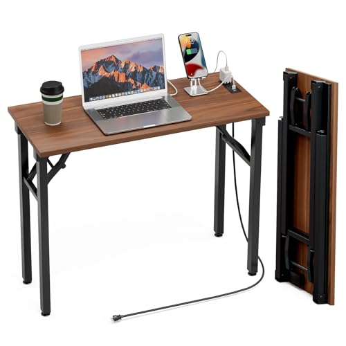 TEMI Small Computer Desk Folding Table - No Assembly, Compact 35.8" Foldable Desk with Power Outlets & USB Charging Port, Portable Small Office Desk, Ideal Mini Study Table for Narrow Spaces, Walunt - color: Dark Walnut, size: 35.8 Inch, style: With Power