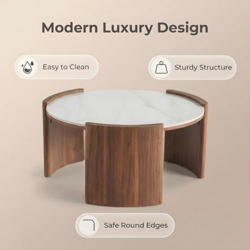 KEIKI 31.5" Round Sintered Stone Coffee Table, Glossy White Marble Look Center Table with Thick Slab Legs, Modern Circular Cocktail Table for Living Room, Apartment, Walnut White Marble - color: Walnut White Marble