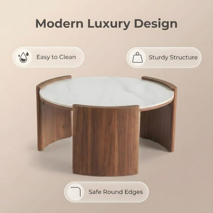 KEIKI 31.5" Round Sintered Stone Coffee Table, Glossy White Marble Look Center Table with Thick Slab Legs, Modern Circular Cocktail Table for Living Room, Apartment, Walnut White Marble - color: Walnut White Marble