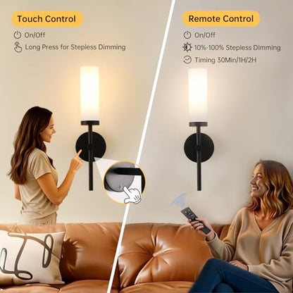 Shenmoyl Battery Operated Wall Sconces Set of 2, Black Rechargeable Wall Lighting Fixtures, Dimmable Wall Lights with Remote & Opal Glass Shade for Living Room, Bathroom,Bedroom - color: Black - Opal Glass