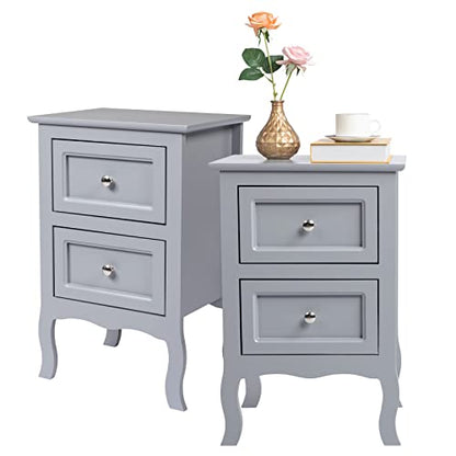 Bonnlo Gray Nightstand Set of 2, Nightstands with 2 Drawers, Bed Side Table/Night Stand, Small Nightstand for Bedroom, Small Spaces, College Dorm, Kids’ Room, Living Room, Wood, 16W x 12D x 24H, Grey - color: Grey