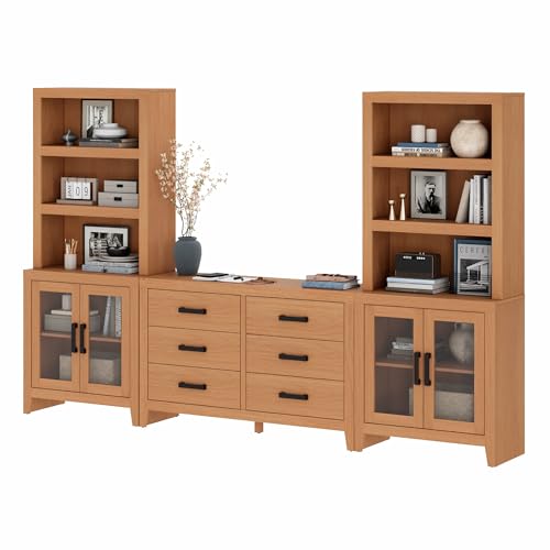 WAMPAT Entertainment Center with Bookshelves, Farmhouse TV Stand, Wood Media Console with Glass Doors and 6 Storage Drawers for Living Room, Bedroom, Mocha - color: Mocha