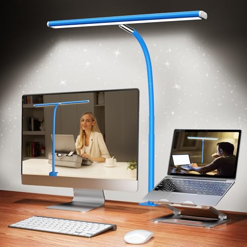 Airlonv LED Desk Lamp with Clamp, 17" Stepless Dimming Light, Blue | 2700K-6500K, 100 LEDs, 360° Gooseneck, Fits Up to 30" Monitors, Flicker-Free Lighting for Home Office, Study& Workbench - color: Blue, size: Standard