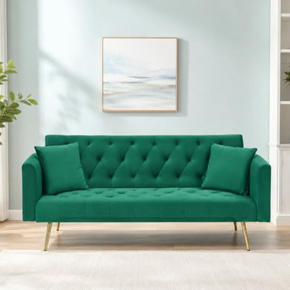 Majnesvon 71" Convertible Folding Sleeper Sofa Couch,Modern Velvet Loveseat Sleeper with 2 Pillows, Futon Sofa Bed with Mattress and Frame for Living Room,Bedroom,Small Space (Green) - color: Green