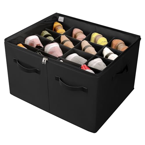 Shoe Organizer for Closet, Foldable Shoe Box with Adjustable Dividers and Clear Cover, Space Saving Shoe Storage Organizer Cabinet with Reinforced Handles, Fits 16 Pairs, Black, TP09B - color: Black, size: Large(20.87''L x 16.54''W x 13.5''H)
