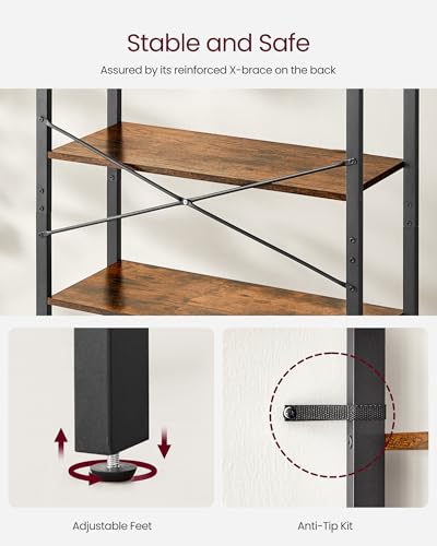 VASAGLE 6-Tier Bookshelf with Steel Frame, 31.5 x 11.8 x 72.6 Inches | Book Shelf, Modern Basic, Living Room, Home Office, Study, Rustic Brown and Matte Black, BARNET Collection ULLS082B01 - color: Rustic Brown + Ink Black, size: 6 Tiers (11.8"D x 31.5"W)