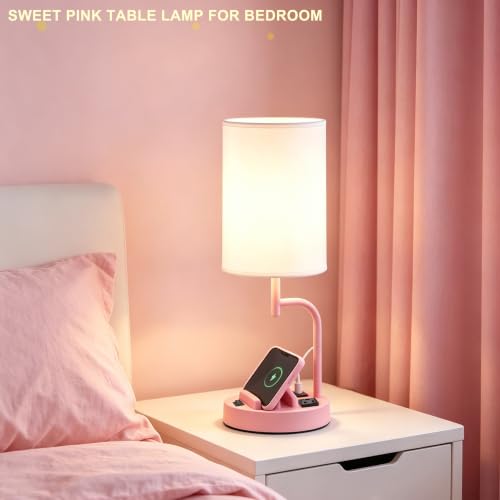 Dreamholder 2 Pack Table Lamp, Bedside Lamp with 3 USB Charging Ports & AC Outlet, USB Desk Lamp with 2 Phone Holders, Linen Fabric Shade Nightstand Lamps for Bedroom Living Room Office, Baby Pink - color: Baby Pink