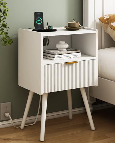 White Nightstand with Outlet,Modern Bedside Table with Storage Drawer and Open Wood Shelf, for Living Room, Bedroom and Small Spaces, Accent Night Stand with Solid Wood Legs, Easy Assembly - color: White-outlet