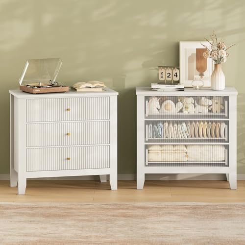 Upgraded Wide & Tall Fluted Nightstand for Bedroom, 32" Extra Wide Modern Bedside Table with Charging Station, Curved Profile Design Drawers, End Table with Metal Handles for Living Room, Entryway - size: 3 drawers-1pc