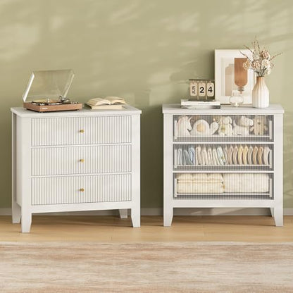 Upgraded Wide & Tall Fluted Nightstand for Bedroom, 32" Extra Wide Modern Bedside Table with Charging Station, Curved Profile Design Drawers, End Table with Metal Handles for Living Room, Entryway - size: 3 drawers-1pc