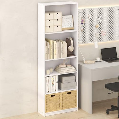 Furinno Jaya Simply Book Shelf, 5-Tier Bookshelf, Bookcase with Adjustable Shelves, 9.5 x 24.5 x 71.2, for Living Room, Bedroom, Home Office, Plain White - color: White, size: 5-Tier, 9.5 x 24.5 x 71
