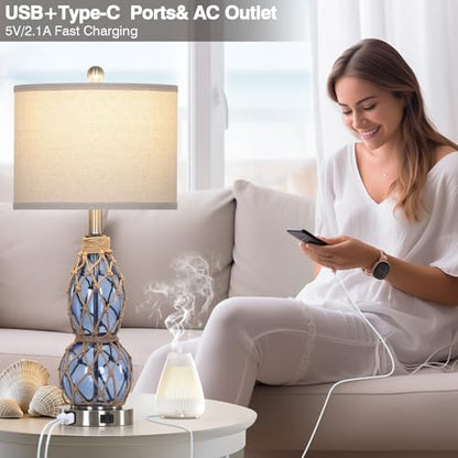 Rinweey 26" Coastal Glass Table Lamps Set of 2, 3-Way Dimmable Touch Lamps with USB Ports and AC Outlet, Nautical Bedside Lamps for Bedroom Living Room - color: Blue-2