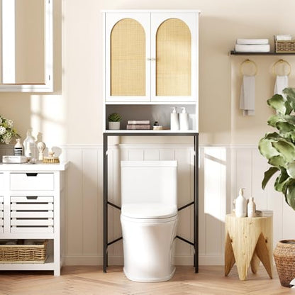 Befrases Rattan Over Toilet Storage Cabinet with Metal Stand | Bathroom Organizer with Adjustable Shelf, Tall Freestanding Washer Shelf, Small Cupboard, Space Saver, White - color: Rattan Door-white