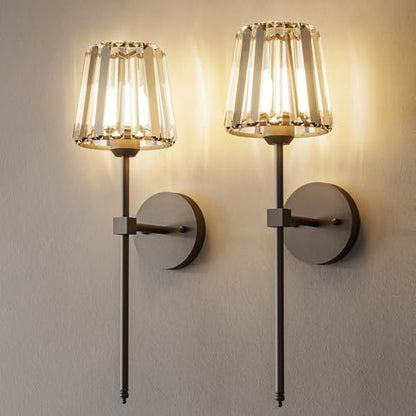 Crystal Battery Operated Wall Sconces Set of 2, Black Rechargeable Wireless Wall Sconce Lights with Crystal Lampshade, 12 RGB and 3CCT Dimmable Wall Lamps with Remote for Bedroom Living Room Hallway - color: Black