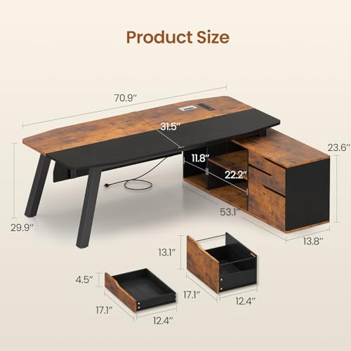 SEDETA 71" L Shaped Executive Desk with File Cabinet & Power Outlet | Computer Desk with 3 Storage Drawers, Adjustable Shelves, CPU Stand, Privacy Baffle, Modern Desk for Home Office, Brown - color: Brown