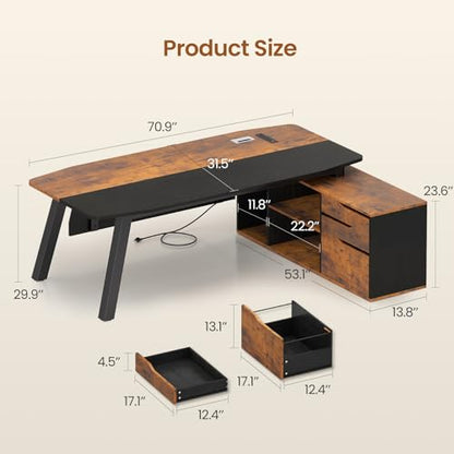SEDETA 71" L Shaped Executive Desk with File Cabinet & Power Outlet | Computer Desk with 3 Storage Drawers, Adjustable Shelves, CPU Stand, Privacy Baffle, Modern Desk for Home Office, Brown - color: Brown