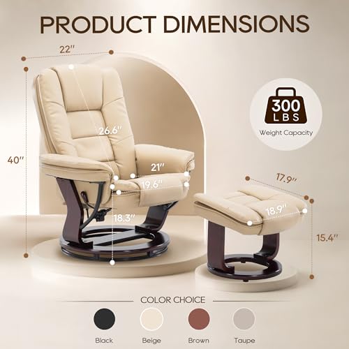 Swivel Recliner Chair with Ottoman Reclining Lounge Sofa Footrest, Set of 2 | 360°Sturdy Wood Base, Soft Faux Leather, Upholstered Ultra-Plush Foam, Modern Armchair, Living Room Bedroom Office Reading - color: Beige, size: Set of 2