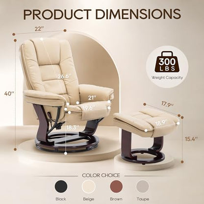 Swivel Recliner Chair with Ottoman Reclining Lounge Sofa Footrest, Set of 2 | 360°Sturdy Wood Base, Soft Faux Leather, Upholstered Ultra-Plush Foam, Modern Armchair, Living Room Bedroom Office Reading - color: Beige, size: Set of 2