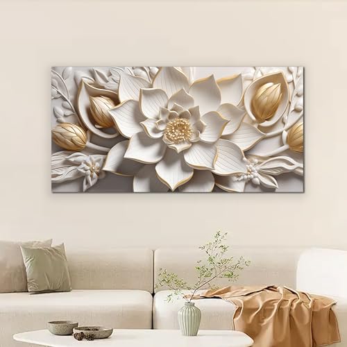 SSNEEKNDG Flower Wall Art White and Gold Botanical Canvas Artwork 24"x48" | Modern Artwork,Minimalist,Canvas Prints,For Living Room Bedroom Office - size: 24"L x 48"W
