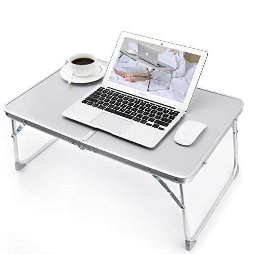 RAINBEAN Foldable Laptop Table for Bed Lightweight Breakfast Bed Tray Portable Mini Picnic Storage Space Standing Holder, Folding Leg Desk Notebook Lap Table for Kids Reading -Silver