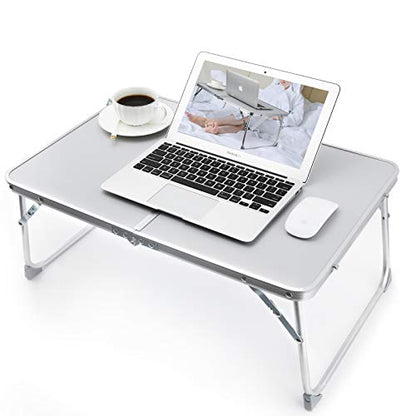 RAINBEAN Foldable Laptop Table for Bed Lightweight Breakfast Bed Tray Portable Mini Picnic Storage Space Standing Holder, Folding Leg Desk Notebook Lap Table for Kids Reading -Silver
