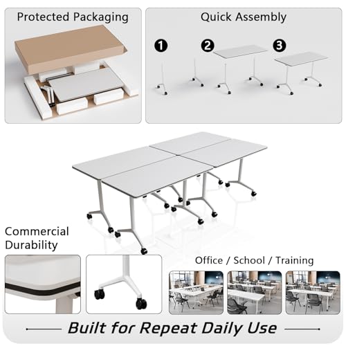 Folding Conference Table with Wheels Set of 6, Modular Conference Room Table for 6-12 Person Meetings, Flip Top Rolling Training & Classroom Tables, Nesting Office Tables - color: White, size: 55.1 in